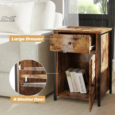 Costway 2PCS Nightstand W/ Drawer Cabinet Adjustable Shelf Industrial Side Table Rustic - Image 5