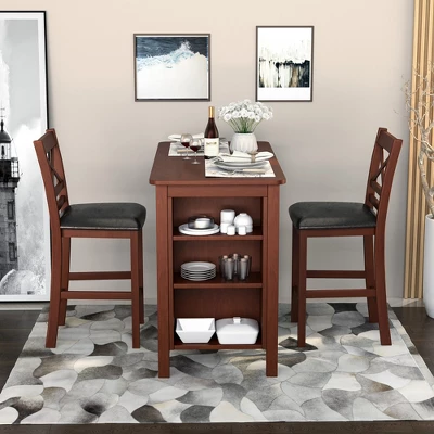 Costway 3PCS Pub Dining Table Set W/ Storage Shelves&2 Upholstered Chairs Walnut - Image 2