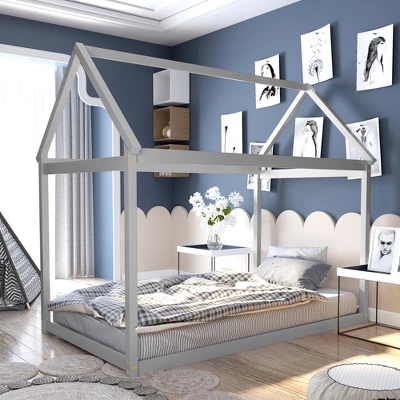 Costway Twin House Bed Wood Frame W/ Roof For Kids Toddler No Box Spring - Image 8