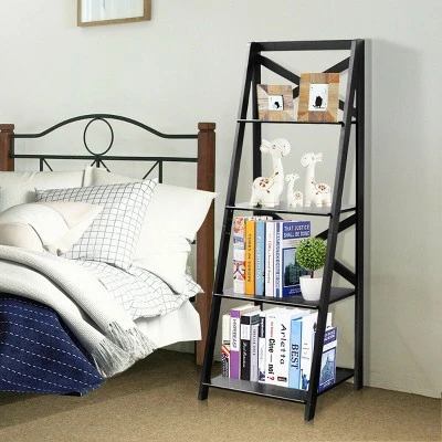 Costway 4-Tier Ladder Shelf Bookshelf Bookcase Storage Display Leaning Home Office Decor - Image 4