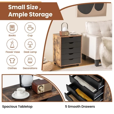 Costway 5 Drawer Chest Storage Dresser Floor Cabinet Organizer With Wheels Rustic Brown - Image 5