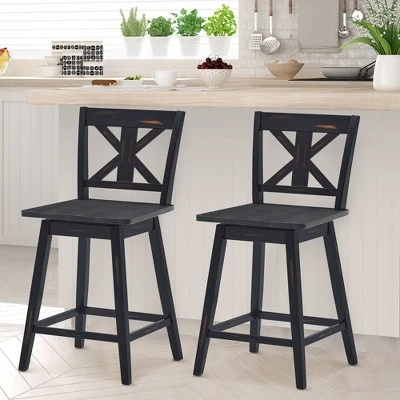 Costway Set Of 2 Bar Stools Swivel Counter Height Chair W/ Solid Wood Legs WhiteBlack