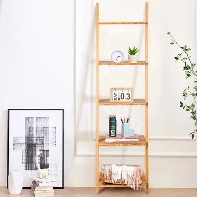 Costway 5-Tier Ladder Shelf Modern Bamboo Leaning Bookshelf Ladder Bookcase Open Display - Image 3