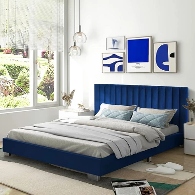 Costway Upholstered Bed Frame Full Size Modern Platform Bed With Vertical Channel Headboard No Box Spring Needed Navy/Grey - Image 3