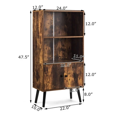 Costway 2-Tier Retro Bookcase Bookshelf W/3 Compartment&2 Doors Industrial Cabinet