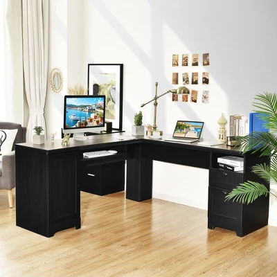 Costway L-Shaped Corner Computer Desk Writing Table Study Workstation W/ Drawers Storage Black - Image 2