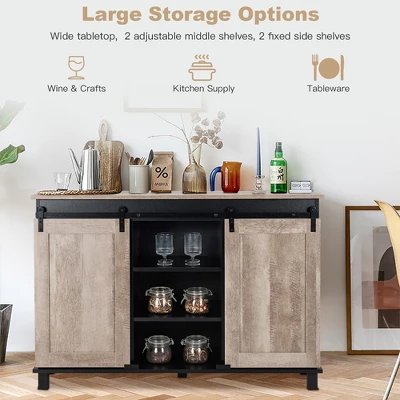 Costway Kitchen Buffet Storage Cabinet Sideboard W/ Sliding Barn Doors Adjustable Shelf - Image 5