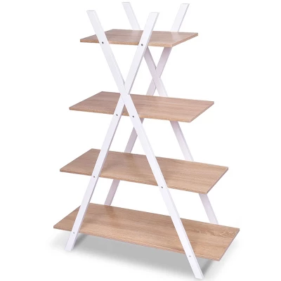 Costway 4-Tier Bookshelf Storage Display Shelves Bookcase Ladder X-Shape Brown/Black - Image 5