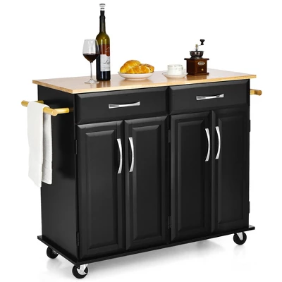 Costway 4-Door Rolling Kitchen Island Cart Buffet Cabinet W/ Towel Racks Drawers WhiteBlack - Image 10