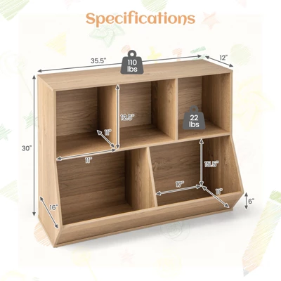 Costway 5-Cubby Kids Toy Storage Organizer Wooden Bookshelf Display Cabinet Natural/White - Image 2
