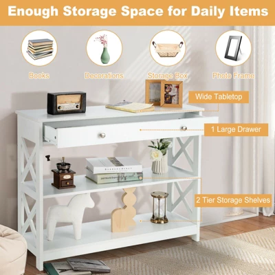 Costway 3-Tier Console Table X-Design Sofa Entryway Table With Drawer & Shelves Gray Espresso - Image 4