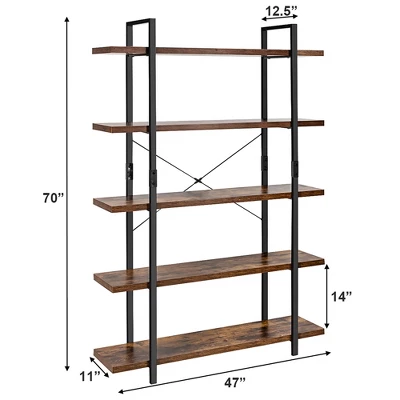 Costway 5-Tier Bookshelf Industrial Bookcase Open Storage Shelf Display Rack - Image 2