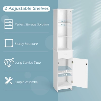 Costway Bathroom Tall Storage Cabinet Freestanding Linen Tower W/ Open Shelves & Drawer - Image 6