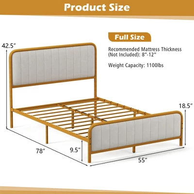 Costway Full Gold Metal Bed Frame Upholstered Platform Bed With Velvet Headboard - Image 2