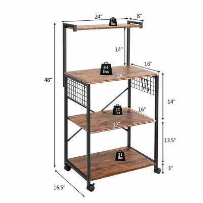 Costway 4-Tier Rolling Bakers Rack Industrial Utility Microwave Oven Stand Cart W/ Hooks - Image 8