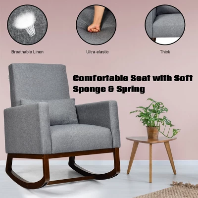 2-in-1 Fabric Upholstered Rocking Chair Nursery Armchair With Pillow Dark Grey - Image 9