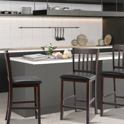 Costway Set Of 4 Bar Stools Counter Height Chairs W/ PU Leather Seat Espresso