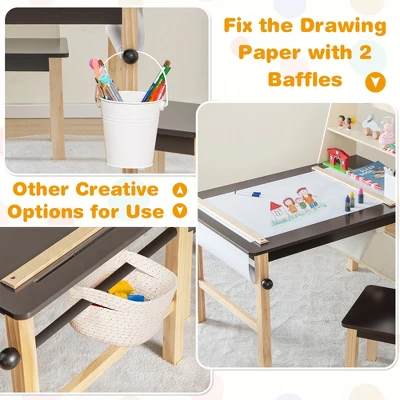 Costway Kids Art Table & Chairs Set Wooden Drawing Desk With Paper Roll Storage Shelf Bins - Image 7