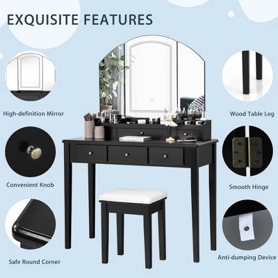 Costway Vanity Table Stool Set Large Tri-folding Lighted Mirror 6 Drawer Dresser WhiteBlack - Image 3