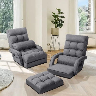 Costway Folding Floor Armchair W/ 6-position Adjustable Back & Lumbar Pillow RedGrey