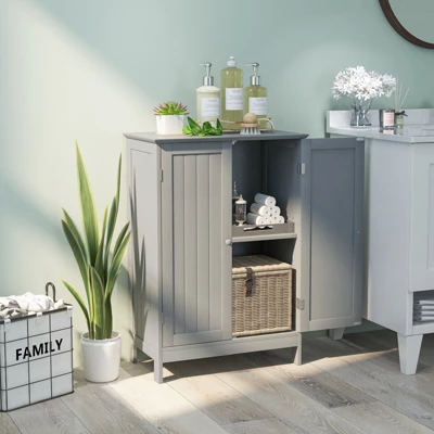 Costway Bathroom Floor Cabinet Wooden Floor Storage Cabinet Living Room Modern Grey