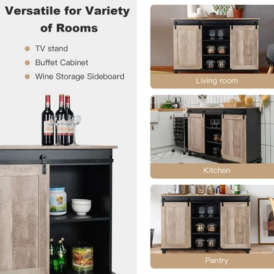 Costway Kitchen Buffet Storage Cabinet Sideboard W/ Sliding Barn Doors Adjustable Shelf - Image 3