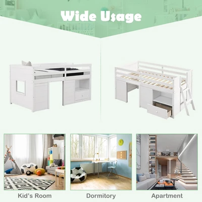 Costway Twin Size Low Loft Bed With Storage Drawer Activity Center Solid Wood Bed Frame - Image 8