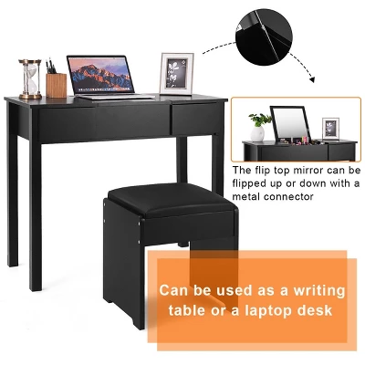Costway Black Vanity Dressing Table Furniture Stool Storage Box - Image 4