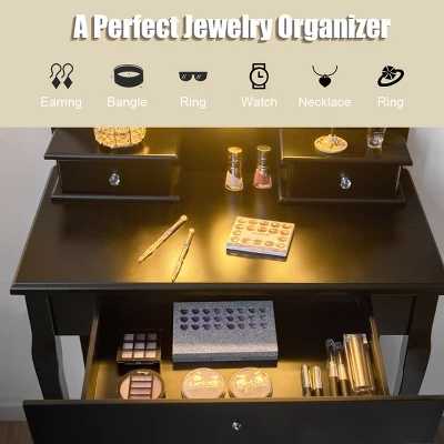 Costway Bedroom Vanity Set Makeup Dressing Table W/3 Drawers 10 LED Bulb Black - Image 5