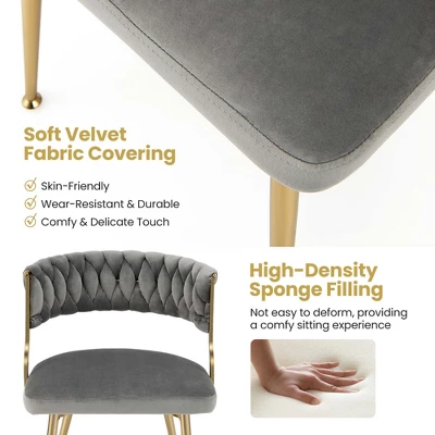 Costway Velvet Dining Chair Set Of 2 Upholstered Modern Accent Chair With Woven Back Grey/White - Image 4