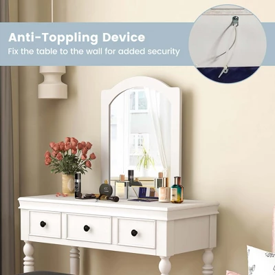 Costway Vanity Table Set Makeup Desk Cushioned Stool 3 Drawer Large Mirror White/Walnut - Image 6