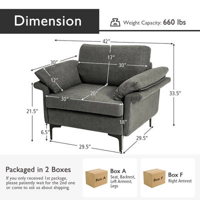 Costway Modern Linen Fabric Accent Armchair Upholstered Single Sofa W/ Metal Legs Grey - Image 3