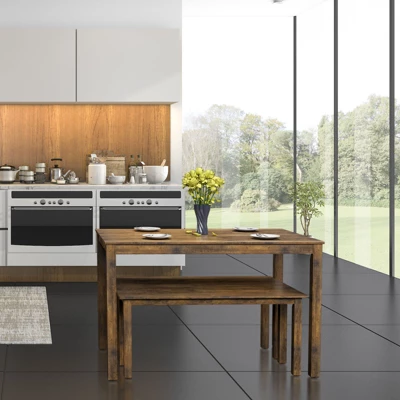 3pcs Dining Set Modern Studio Collection Table With 2 Benches Wood Legs Coffee - Image 4