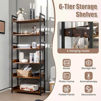 Costway 6-Tier Bookshelf Open Display Shelves Storage Rack Metal Frame With 4 Hooks Rustic - Image 5