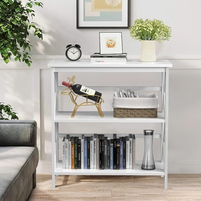 Costway Wooden Shelf Bookcase 3-Tier Open Bookshelf W/X-Design Freestanding Rack BlackBrownNaturalWhite - Image 8