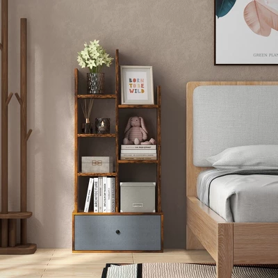 Costway Industrial Bookshelf Rustic Wooden Shelf Organizer With Non-woven Fabric Drawer - Image 4