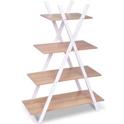 Costway 4-Tier Bookshelf Storage Display Shelves Bookcase Ladder X-Shape Brown/Black - Image 4
