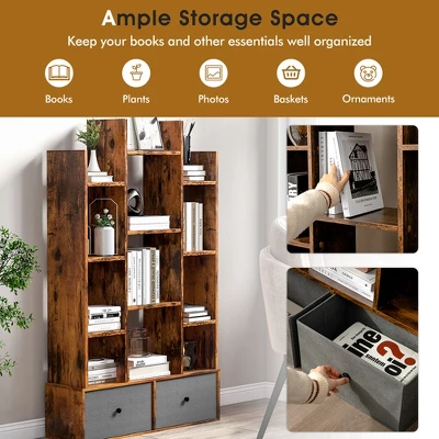 Costway Industrial Bookshelf Rustic Wooden Shelf Organizer With 2 Non-woven Fabric Drawer - Image 4