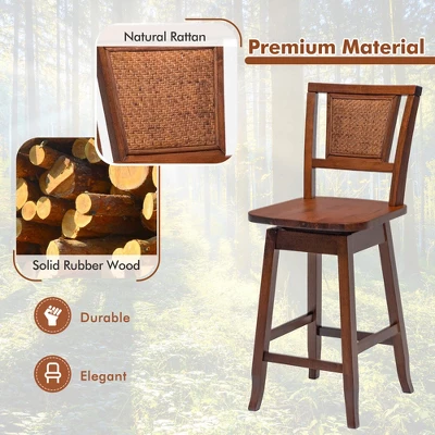 Costway Set Of 2/4 Swivel Bar Stools Counter Height Rubber Wood Pub Chairs W/ Rattan Back - Image 5