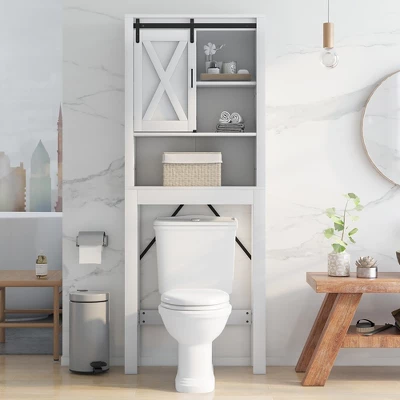 Costway Over The Toilet Bathroom Storage Cabinet With Sliding Barn Door & Adjustable Shelf - Image 8