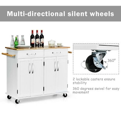 Costway Kitchen Trolley Island Utility Cart Wood Top Rolling Storage Cabinet Drawers White - Image 5