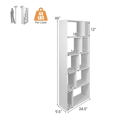 Costway 5-tier Wood Bookcase 66'' Tall Open Storage Shelf Display Rack W/10 Compartments - Image 3