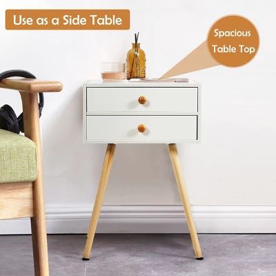 Costway 2PCS Mid Century Modern 2 Drawers Nightstand In White Sofa Side Table End Table - Image 5