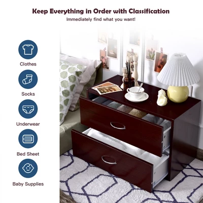 Costway 2-Drawer Dresser Horiztonal Organizer W/Handle Wood End Table Nightstand - Image 3