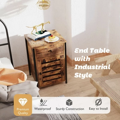 Costway 2PCS Nightstand W/ Drawer Cabinet Adjustable Shelf Industrial Side Table Rustic - Image 6