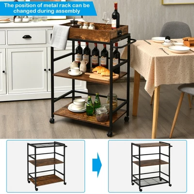 Costway 3-Tier Rolling Bar Cart Kitchen Serving Cart W/ Removable Tray & Handle - Image 4