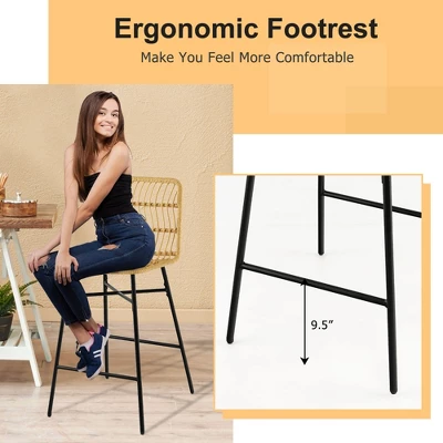 Costway Set Of 2 Rattan Bar Stools Counter Height Dining Chairs With Metal Legs Natural - Image 5
