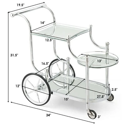 Costway Kitchen Cart Tea Cart Glass Shelves & Metal Frame With Wheels - Image 2
