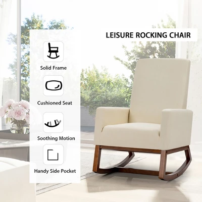 Costway Mid Century Retro Fabric Upholstered Rocking Chair Modern Armchair Beige - Image 4