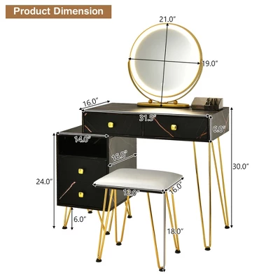 Costway Vanity Table Stool Set Dimmer LED Mirror Large Storage Cabinet Drawer Walnut BlackBrownWhite - Image 3